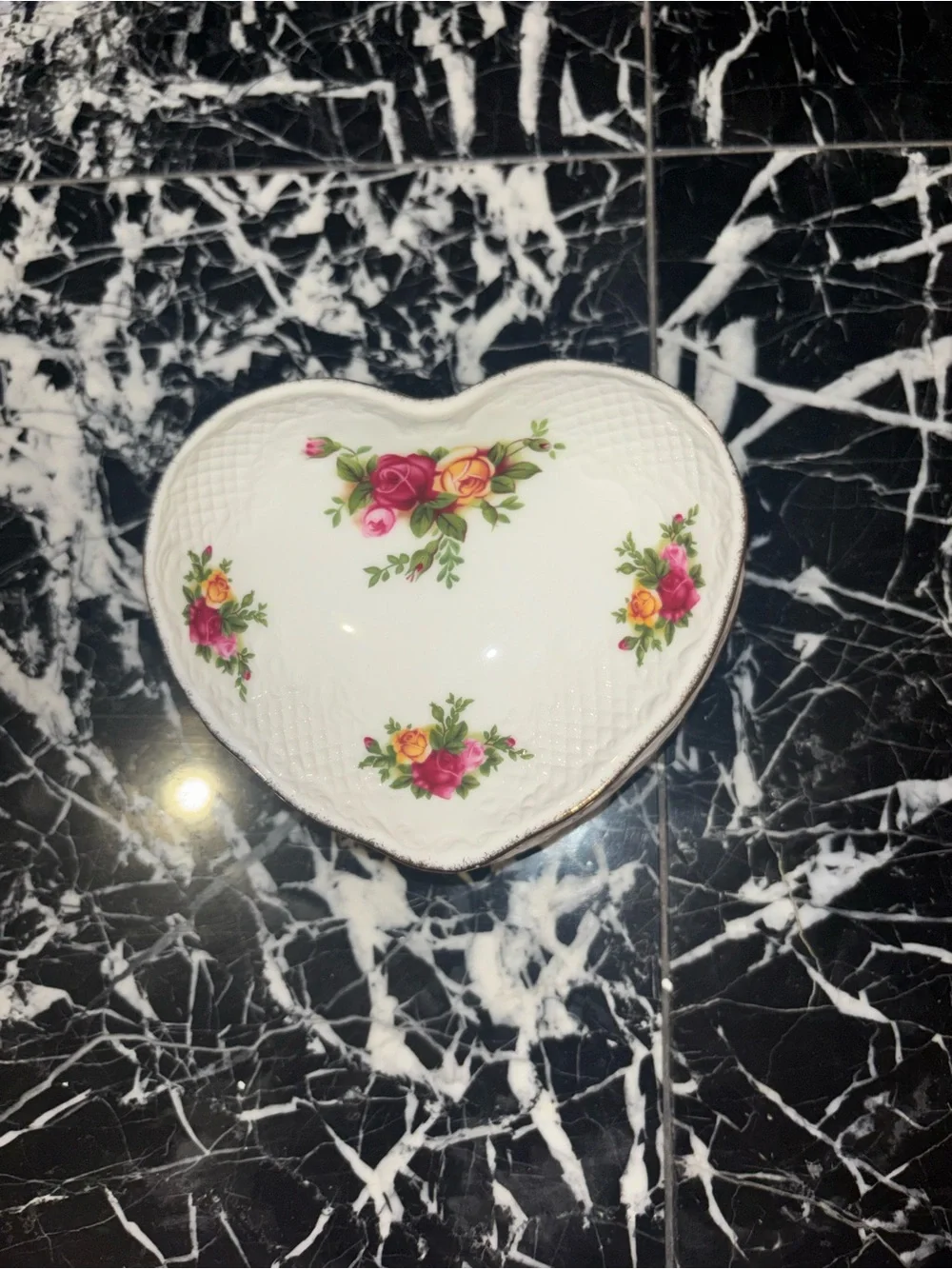 Royal Albert White Heart-Shaped Trinket Dish with Pink and Yellow Rose Motif